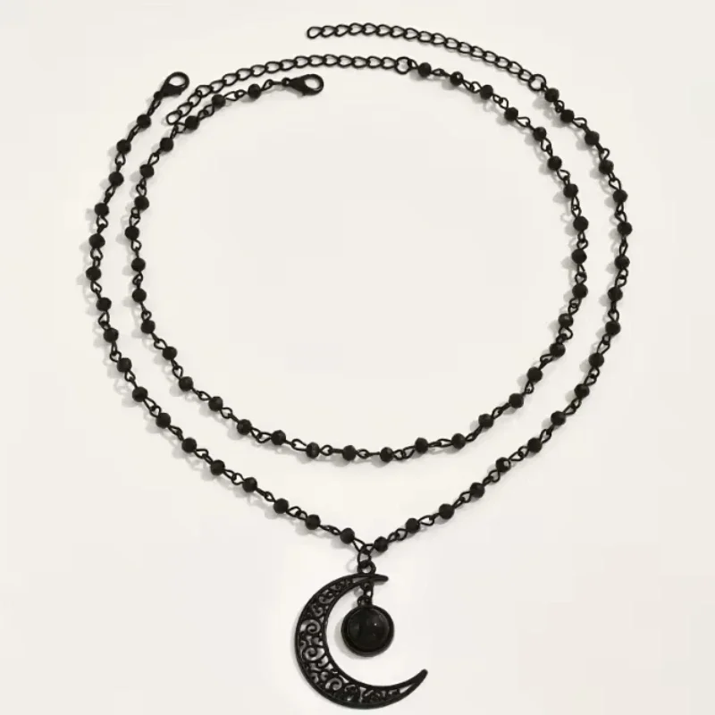 Gothic Layered Crescent Moon P - Layered Pendant Necklace Aesthetic ulasan dan harga