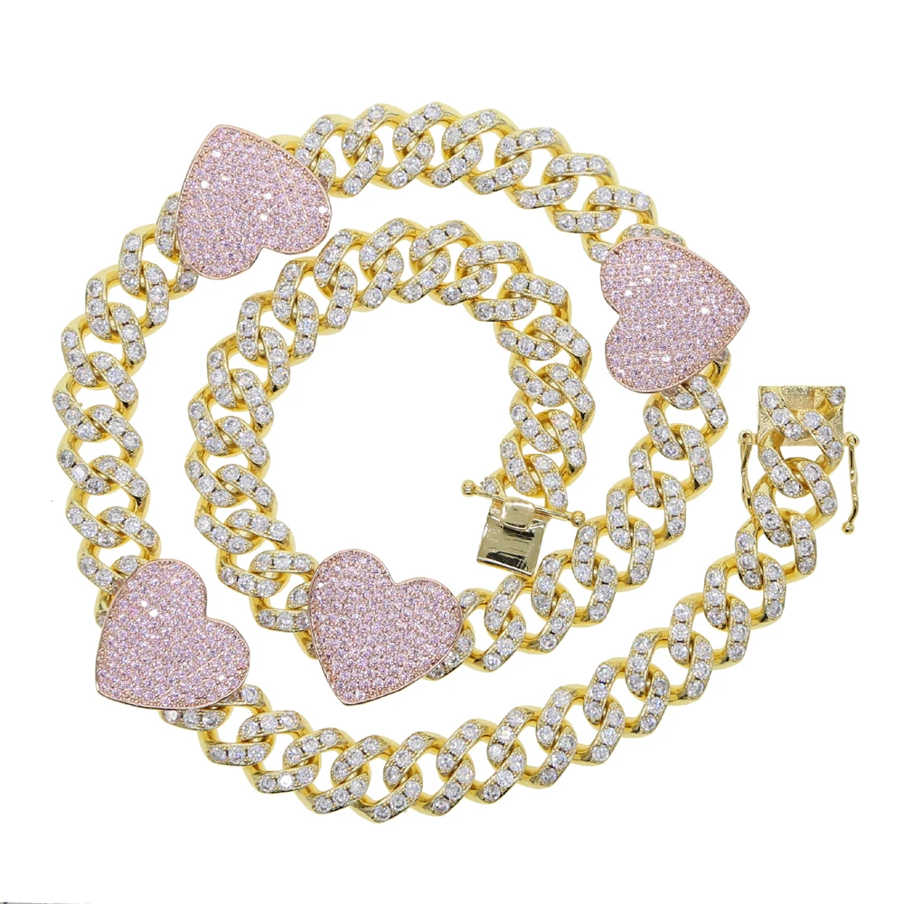 New 12mm Width Pink Heart Iced - Cuban Link Chain 12Mm ulasan dan harga