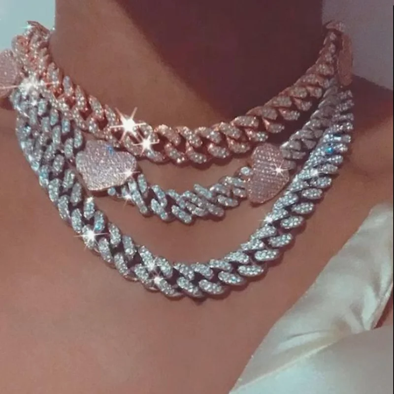 New 12mm Width Pink Heart Iced - Cuban Link Chain 12Mm ulasan dan harga