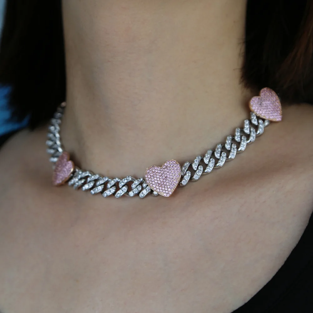 New 12mm Width Pink Heart Iced - Cuban Link Chain 12Mm ulasan dan harga