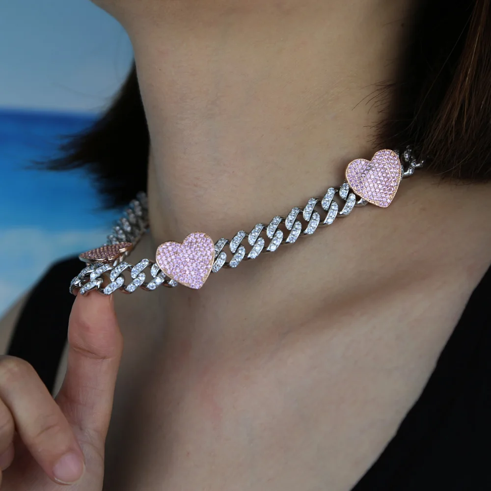 New 12mm Width Pink Heart Iced - Cuban Link Chain 12Mm ulasan dan harga
